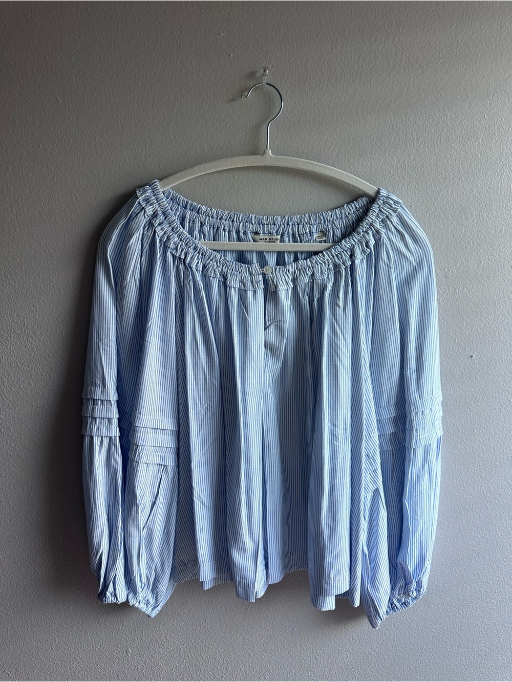 Max Studio London Blue White Stripe Off Shoulder Peasant Blouse L Balloon Sleeve